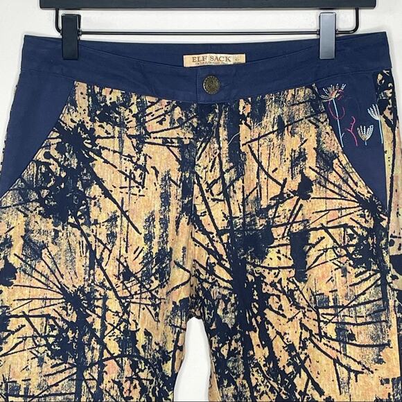 ELF SACK navy abstract print artsy statement slim leg pants size large - Picture 7 of 8
